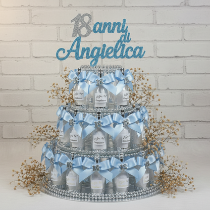 allestimento 18 anni diciottesimo compleanno ragazza bottigliette bomboniere portaconfetti confezionate fiocco azzurro applicazione resina e bigliettino