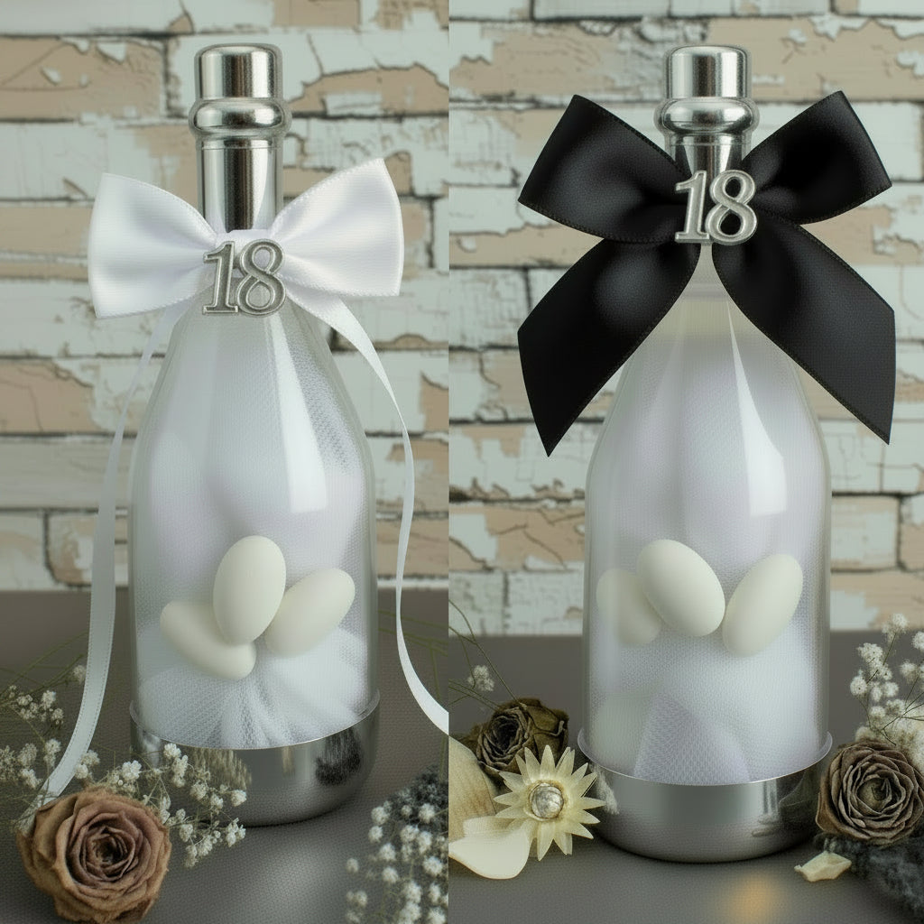 simbolo 18 bottiglie plastica tappo argento fiocco nastro bomboniere diciottesimo compleanno confezionate confetti tulle allestimento fiori secchi