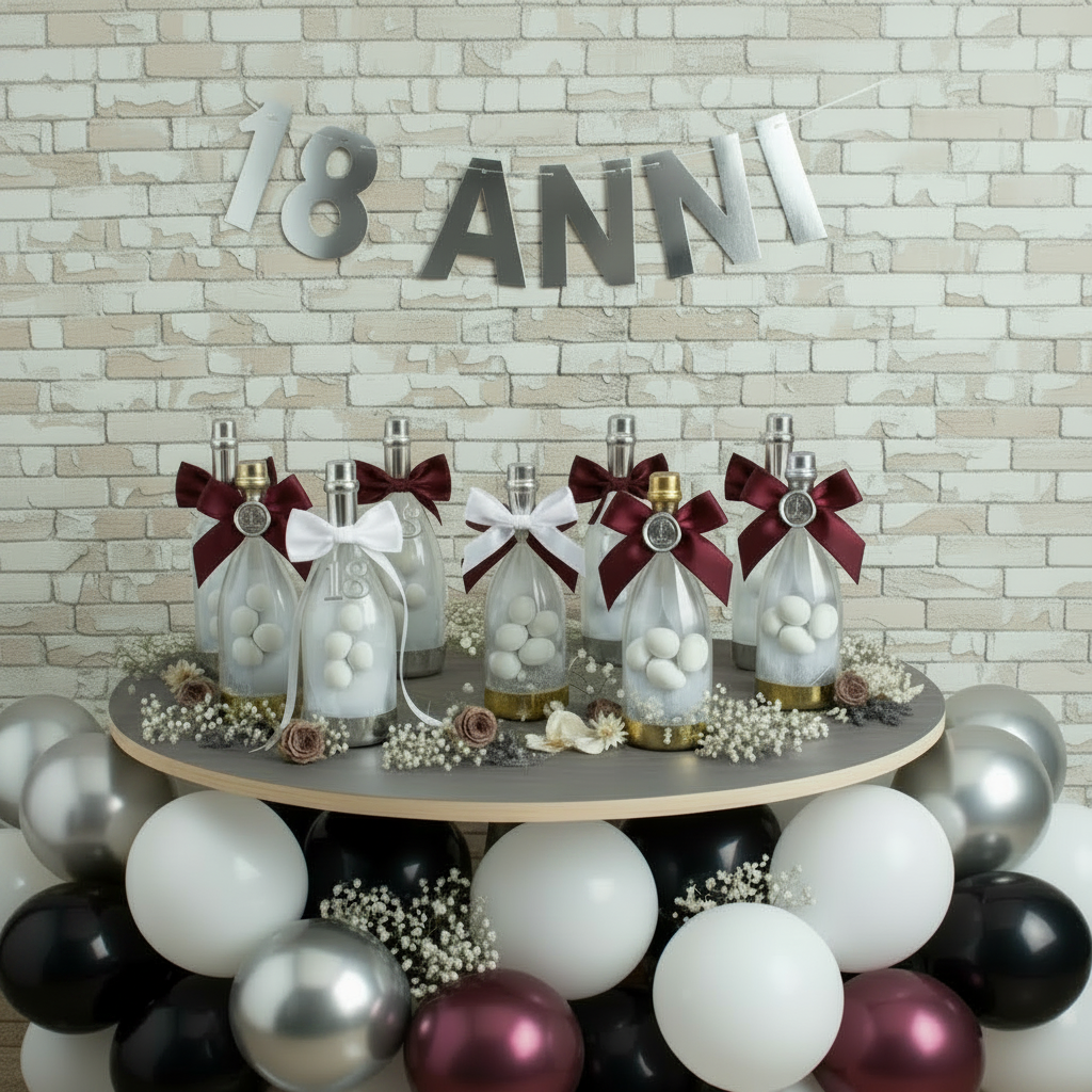 allestimento 18 anni bottiglie plastica tappo argento fiocco nastro bianco bordeaux bomboniere diciottesimo compleanno confezionate confetti tulle allestimento fiori secchi palloncini