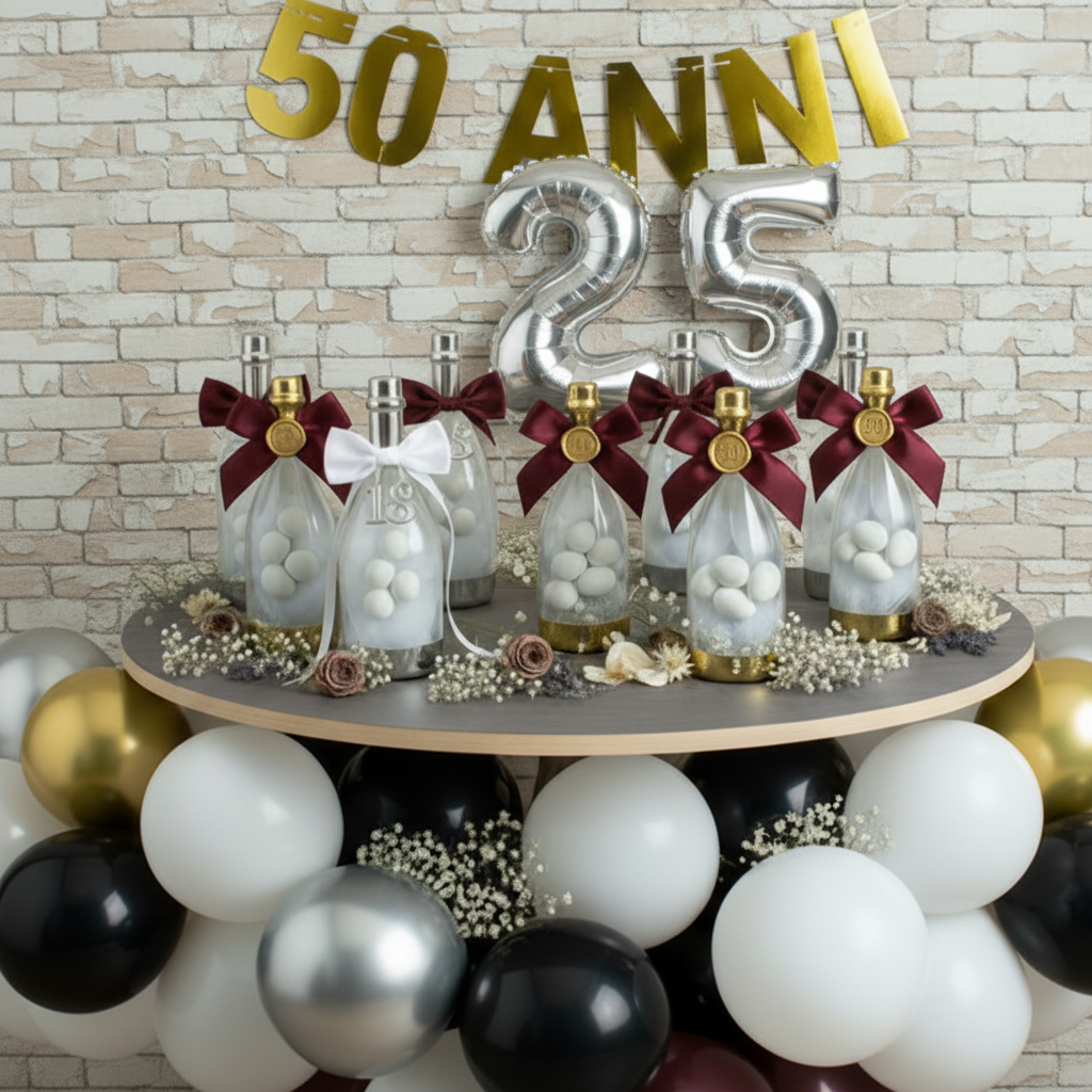 allestimento 25 e 50 anni di anniversario matrimonio bottiglie plastica fiocco nastro bianco bordeaux bomboniere nozze oro e argento venticinquesimo e cinquantesimo confezionate confetti tulle allestimento fiori secchi palloncini