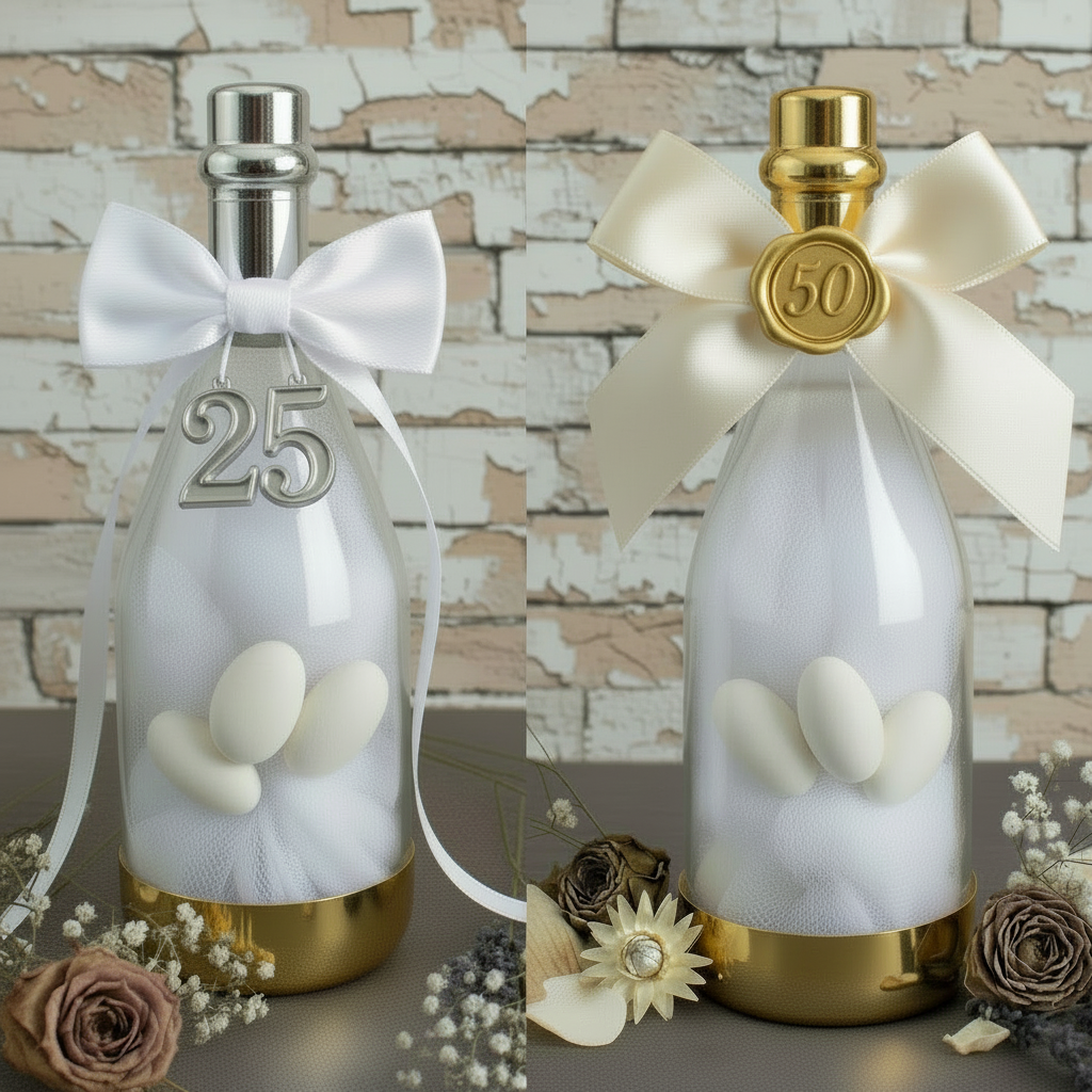 simbolo 25 e 50 bottiglie plastica tappo oro argento fiocco nastro bomboniere nozze oro argento anniversario di matrimonio 25 e 50 anni confezionate confetti tulle allestimento fiori secchi