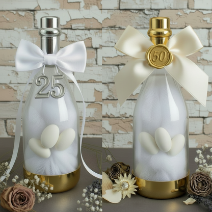simbolo 25 e 50 bottiglie plastica tappo oro argento fiocco nastro bomboniere nozze oro argento anniversario di matrimonio 25 e 50 anni confezionate confetti tulle allestimento fiori secchi