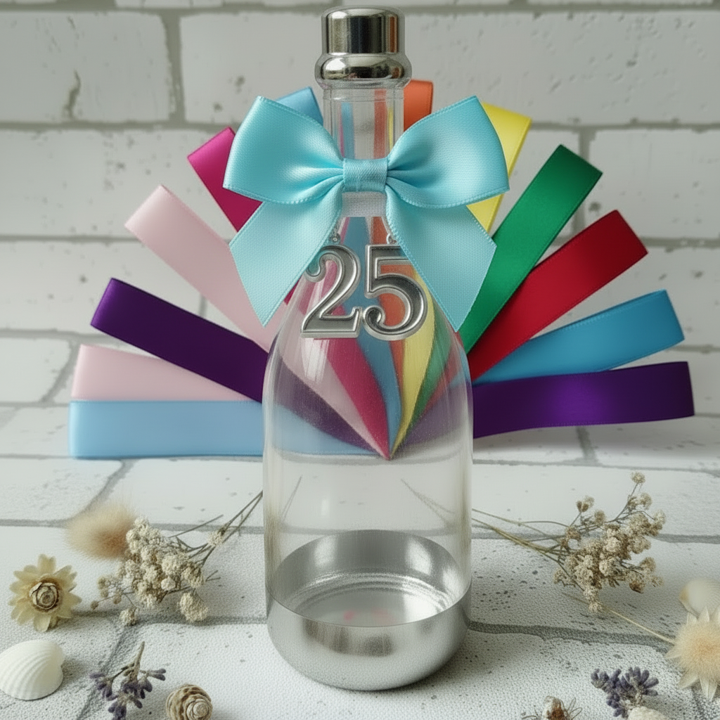 simbolo 25 anni bottiglia plastica tappo argento fiocco nastro bomboniere nozze venticinquesimo anniversario matrimonio da confezionare fai da te