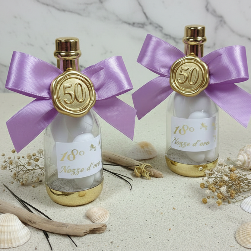 idee particolari bomboniere 50 anni anniversario matrimonio cinquantesimo nozze oro bottiglia portaconfetti confezionata fiocco sigillo ceralacca  confetti bianchi mandorla tulle bigliettino personalizzato