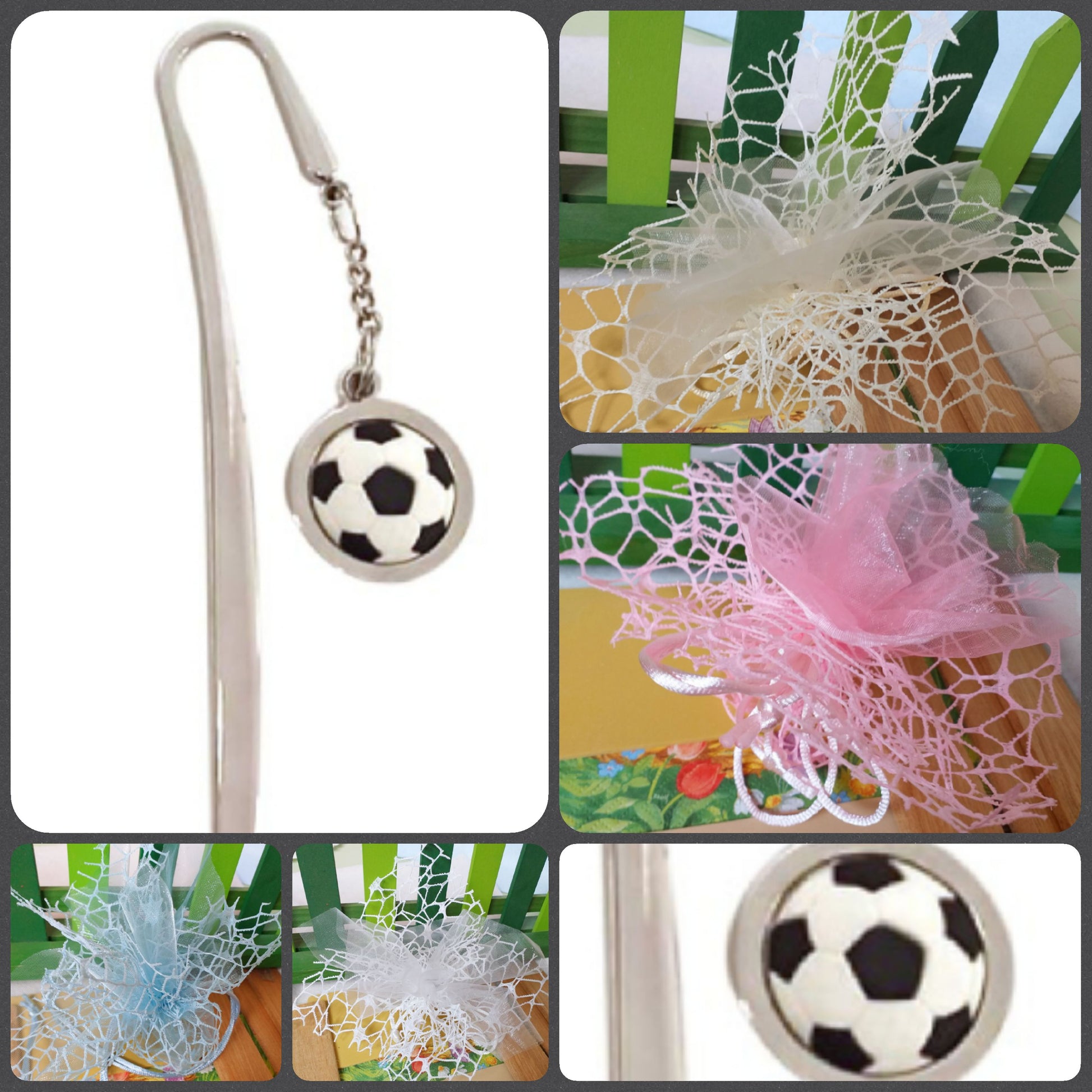 segnalibro pallone calcio bomboniere tema sport confezionate confetti sacchetti a rete pizzo bigliettino Prima Comunione Cresima 18 anni laurea matrimonio