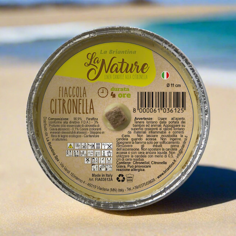 durata combustione 4 ore La Nature la briantina linea candele citronella fiaccola ciotola alluminio made in italy con olio essenziale antizanzare repellente insetti uso esterno diametro 11 cm