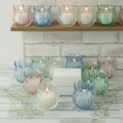 packaging astuccio e colori candela vasetto vetro colorato forma fiori bocciolo rose decorativa cero lumino bomboniera matrimonio comunione cresima anniversario nozze 25 e 50 anni 18° compleanno laurea da confezionare fai da te