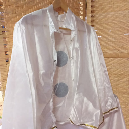 dettagli retro giacca vestito di raso costume di Carnevale bambini abito Pierrot bianco pois nero mantellina tulle berretto