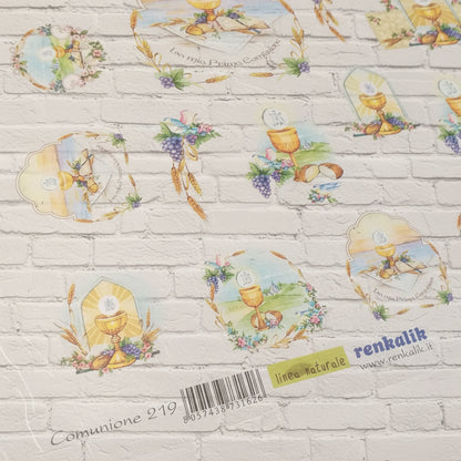 carta di riso Silkprint paper Renkalik 35 x 50 cm linea naturale Prima Comunione 219 uso decoupage bomboniere fai da te motivi religiosi sacri simboli cerimonia spighe pane Calice uva Vangelo