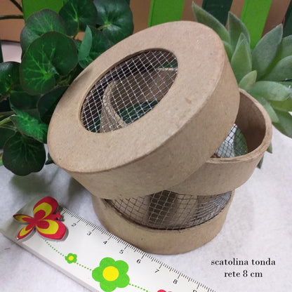 scatola tonda con retina articoli per decoupage oggetti di cartone ecrù da colorare dipingere decorare in hobbistica creativa uso confezioni pasquali con uova pulcini
