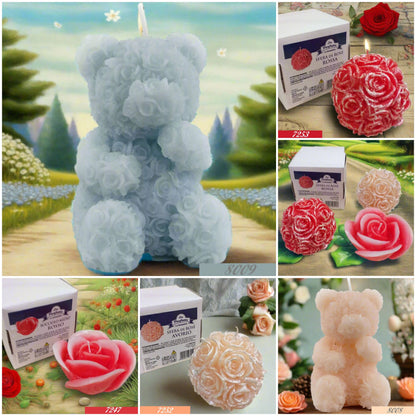 azzurro rosa orso di cera sfera con rose e fiore bocciolo forma rosa rossa pesca originali candele natalizie forma fiori per centrotavola idea regalo vetrinistica packaging pasquale festa della mamma bomboniera