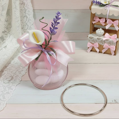 fai da te o confezione confetti con cerchio di metallo dorato anelli per portaconfetti segnaposto bomboniere calla lavanda nastro rosa per confettata bambina femminuccia Prima Comunione o Battesimo