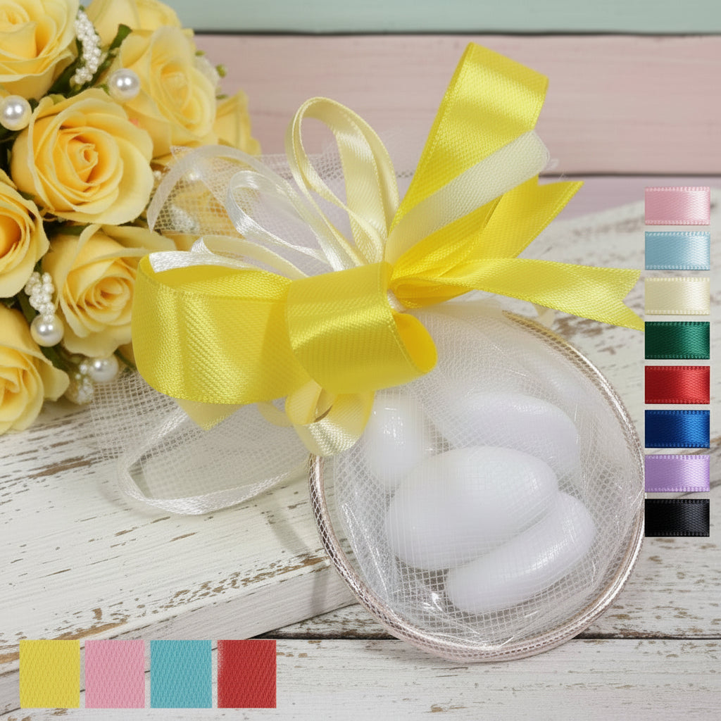 cerchio metallo dorato ottone ferro colorato per confezionare confetti sacchetti bomboniere segnaposto con tulle e nastro coccarda giallo matrimonio comunione cresima colori per compleanno laurea nascita battesimo