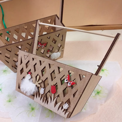 kit packaging cestino legno contenitori recinto staccionata gallo gallina piumette bianche tulipani fai da te idea regalo pasquale confezione vetrina allestimento bomboniere