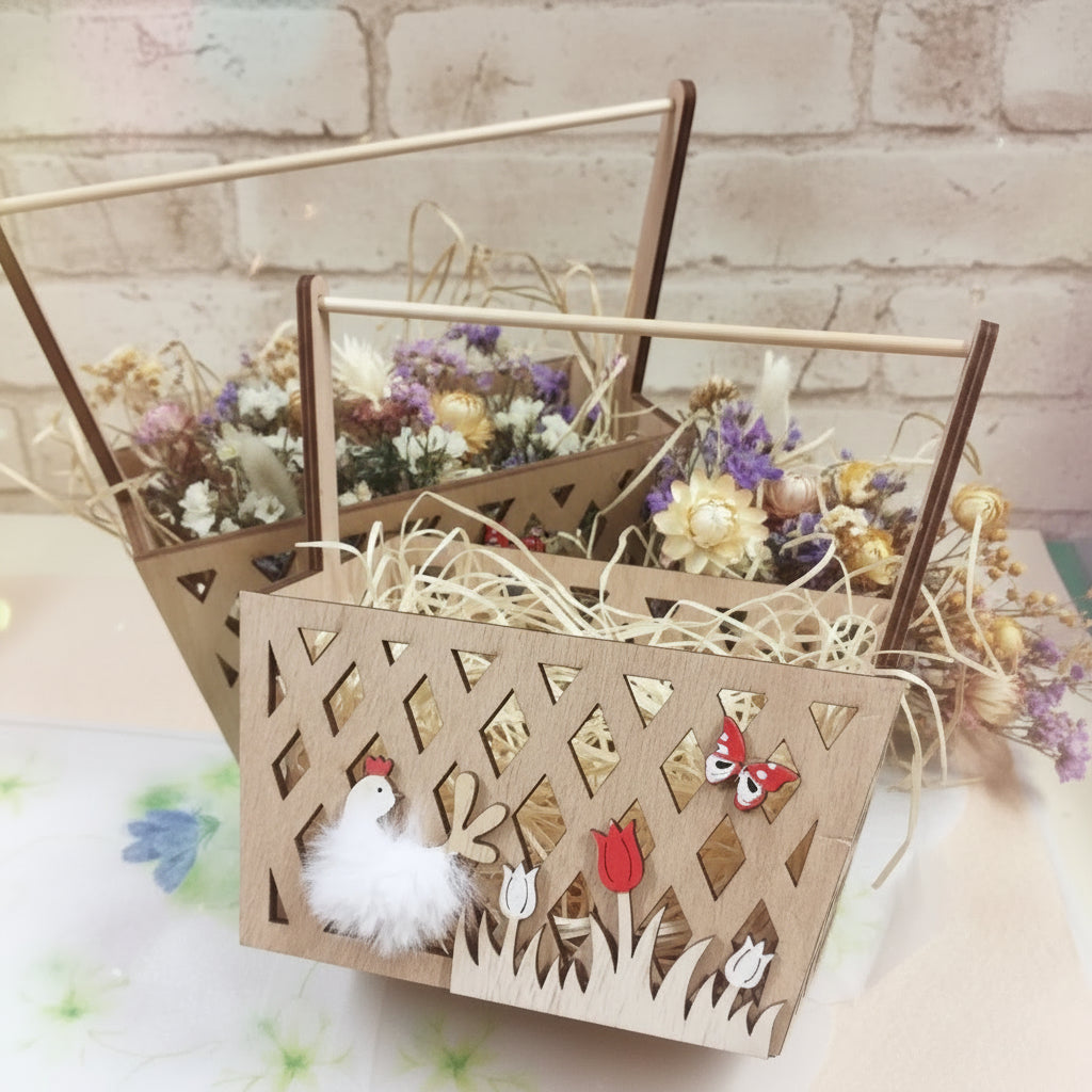 kit packaging cestino legno contenitori recinto staccionata gallo gallina tulipani fiori farfalla fai da te idea regalo pasquale confezione vetrina allestimento bomboniere
