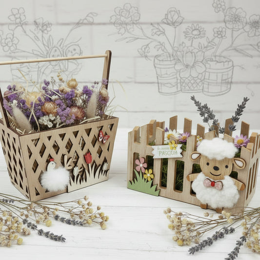 modello recinto con o senza manico, cestino legno applicazioni fiori gallina pecorella pasquali per confezioni regalo uova cioccolato erboristeria pasticceria packaging