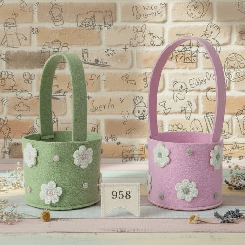 forma cestino aperto di feltro scatola contenitore shopper portauova con disegno fiori per ovetti colorati pasquali  confezioni regalo packaging enogastronomia erboristeria