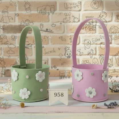forma cestino aperto di feltro scatola contenitore shopper portauova con disegno fiori per ovetti colorati pasquali  confezioni regalo packaging enogastronomia erboristeria