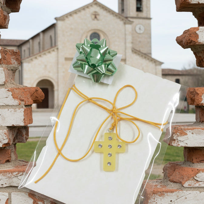 confezione regalo packaging bustina biglietto coccarda rossa per collanina per bambini ragazzi cordino cerato giallo Croce ciondolo resina simil-polaris strass di brillantini idea gadget souvenir ricordino pensierino maestre catechiste bomboniera religiosa