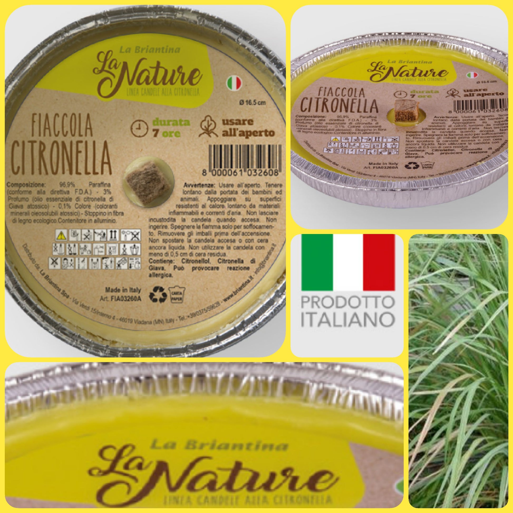 made in italy prodotto italiano durata combustione 4 ore La Nature la briantina linea candele citronella fiaccola con olio essenziale antizanzare repellente insetti uso esterno 11 cm
