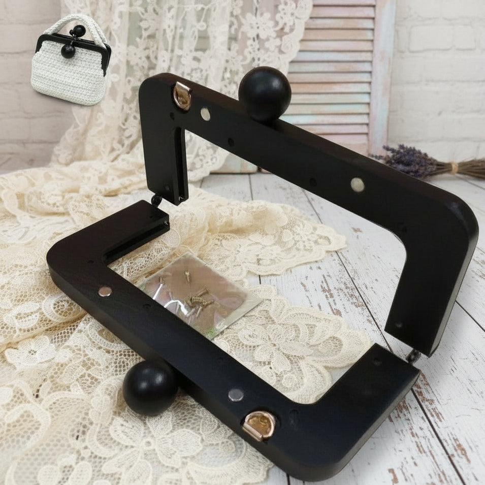 palline pomelli rotondi pomoli in tinta chiusure clic clac legno nero wooden clutch bags per borse uncinetto pochette da sera cerimonia lavoro a maglia artigianale telaio aperto con viti