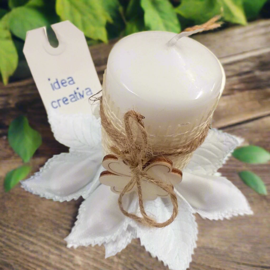 idea creativa come confezionare candela ciondolo legno con nastro canetè organza portaconfetti tirante foglie petali per costruire coccarda segnaposto packaging confezionamento bomboniere fai da te fiori confetti italiani