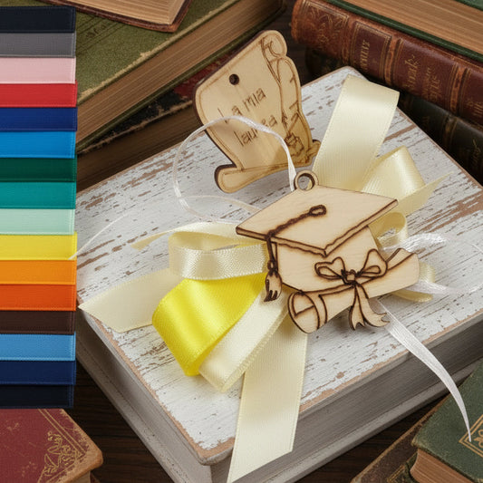 coccarda gialla pergamena calamaio inchiostro cappello di laurea tocco ciondolo di legno legnetto applicazione fiocco nappina per segnaposto laurea composizione bomboniere decorazione