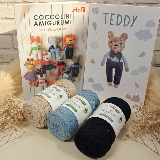 filato per orso teddy bambola di amigurumi pupazzo uncinetto beige nero azzurro kit con libretto catalogo stafil coccolini