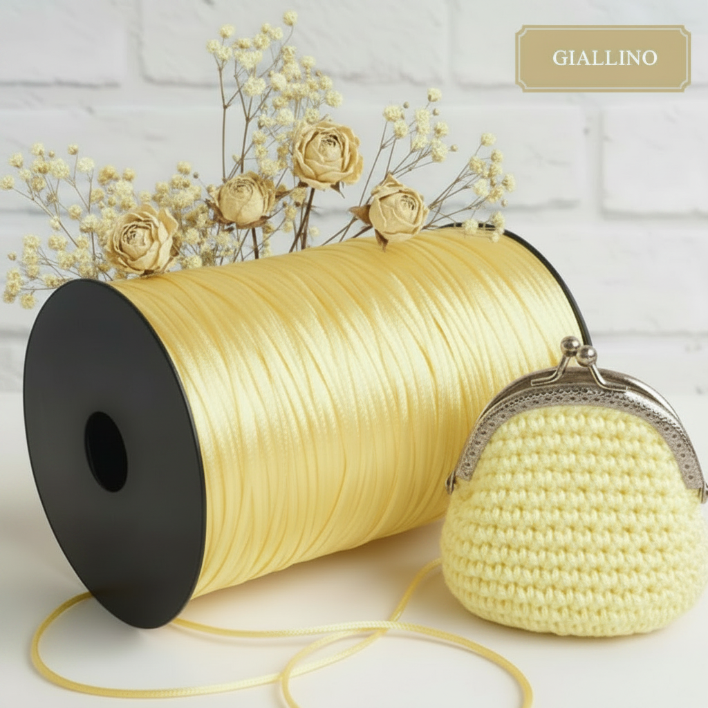 giallino chiaro coda di topo cordino borse uncinetto satinato sintetico cordoncino 2 mm corda di raso pochette clutch bags borsettine cerimonia e cestini pasquali sacchetti bomboniere idee regalo