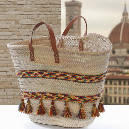 idea creativa cesto coffa grezza siciliana paglia palma naturale borsa mare con manici da rivestire decorare fai da te personalizzare frange di nappine multicolore