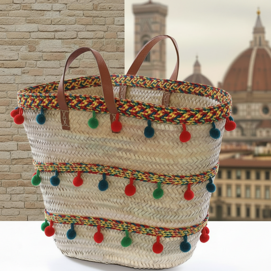 forma cesto coffa siciliana paglia naturale borsa mare con manici da rivestire decorare fai da te uncinetto da personalizzare esempio con  pompon stile peruviano bordo crochet