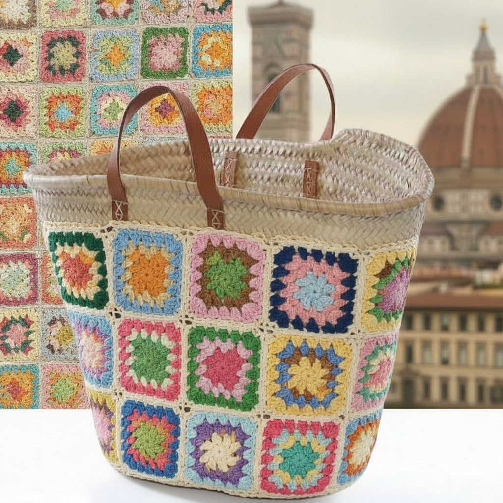 idea vetrina applicazioni mattonelle granny nel contenitore di cesto coffa grezza siciliana paglia palma naturale borsa mare con manici da rivestire decorare fai da te personalizzare