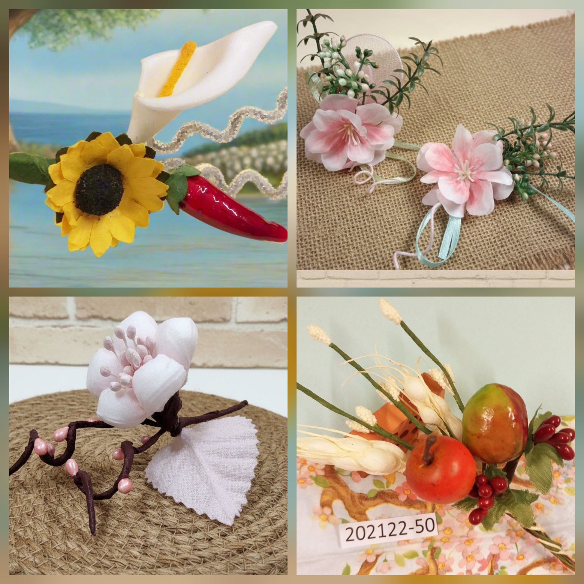 composizioni floreali miste artificiali rose girasoli bacche calla juta frutta fiori di pesco uso per segnaposto pasquale o natalizio addobbi fai da te hobby creativi packaging confezionamento chiudipacco bomboniere regalini