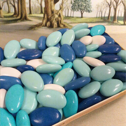 scatola vassoio confetti Papa Dolceamaro sfumati azzurri blu bianchi colorati cioccolato double fondente bianco uso confettata fai da te bomboniere sacchettini