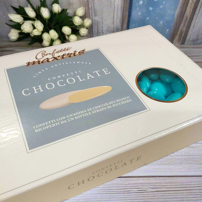 negozio Confetti cioccolato maxtris linea artigianale chocolate bianco azzurri celesti per fai da te bomboniere e confettata consigliati anniversario matrimonio battesimo cresima prima comunione