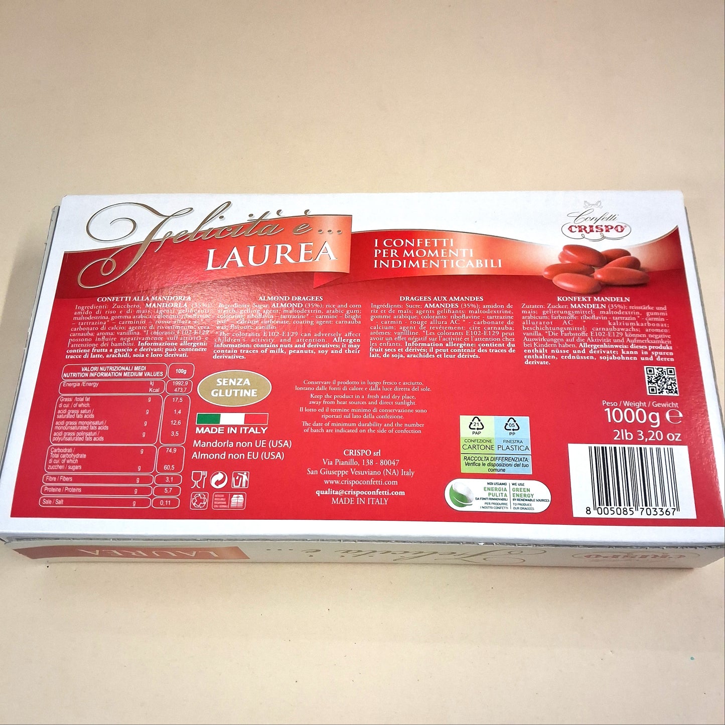 scatola 1 kg confetti rossi crispo mandorla felicità ingredienti e tabella nutrizionale