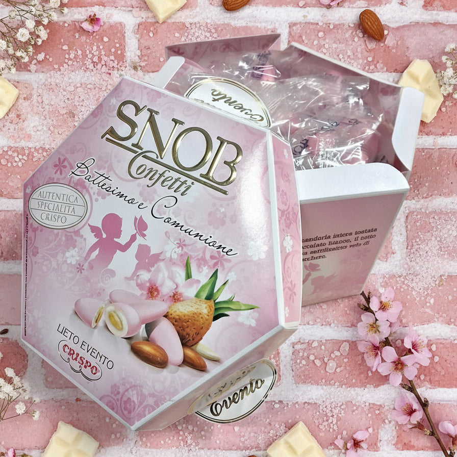 battesimo comunione bimba rosa ciocco-mandorla Snob lieto evento Crispo Italian confetti made in italy bianchi Bon Bon cioccolato bianco confettato zucchero incartati singolarmente uno ad uno 6 gusti assortiti arancia fragola ricotta pera cappuccino frutta di cocco limone