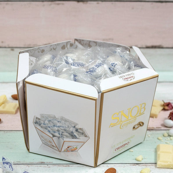 colore bianco ciocco-mandorla Snob lieto evento Crispo Italian confetti made in italy bianchi Bon Bon cioccolato bianco confettato zucchero incartati singolarmente uno ad uno 6 gusti assortiti arancia fragola ricotta pera cappuccino frutta di cocco