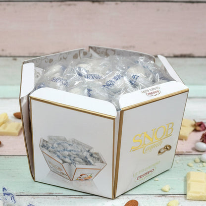 colore bianco ciocco-mandorla Snob lieto evento Crispo Italian confetti made in italy bianchi Bon Bon cioccolato bianco confettato zucchero incartati singolarmente uno ad uno 6 gusti assortiti arancia fragola ricotta pera cappuccino frutta di cocco