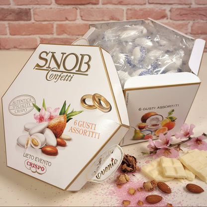 matrimonio e anniversario ciocco-mandorla Snob lieto evento Crispo Italian confetti made in italy bianchi Bon Bon cioccolato bianco confettato zucchero incartati singolarmente uno ad uno 6 gusti assortiti arancia fragola ricotta pera cappuccino frutta di cocco limone
