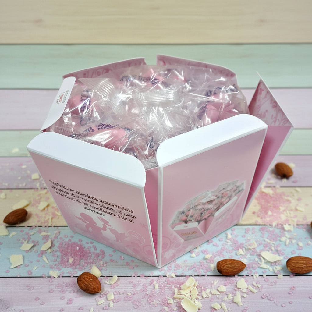 colore rosa bimba femminuccia ciocco-mandorla Snob lieto evento Crispo Italian confetti made in italy bianchi Bon Bon cioccolato bianco confettato zucchero incartati singolarmente uno ad uno 6 gusti assortiti arancia fragola ricotta pera cappuccino frutta di cocco