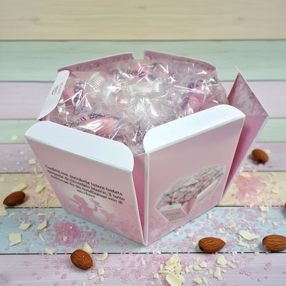 colore rosa bimba femminuccia ciocco-mandorla Snob lieto evento Crispo Italian confetti made in italy bianchi Bon Bon cioccolato bianco confettato zucchero incartati singolarmente uno ad uno 6 gusti assortiti arancia fragola ricotta pera cappuccino frutta di cocco