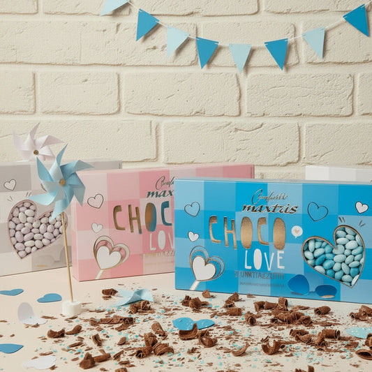 Choco love confetti piccoli cuoricini cuoriandoli 1 cm bianchi sfumati rosa bambine azzurri celesti bambini maschietti per confezionamento bomboniere fai da te e confettata sacchetti cioccolato al latte