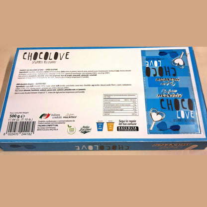 Chocolove sfumati azzurri confetti cuoricini cioccolato al latte senza glutine prodotti Maxtris italiana confetti srl, scatola 500 g, tag per la confettata, ingredienti e tabella nutrizionale