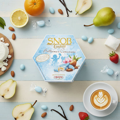 azzurro celeste bambino maschietto Battesimo nascita Comunione ciocco-mandorla Snob lieto evento Crispo Italian confetti Bon Bon cioccolato bianco confettato zucchero incartati singolarmente uno ad uno 6 gusti assortiti arancia fragola ricotta pera cappuccino frutta di cocco
