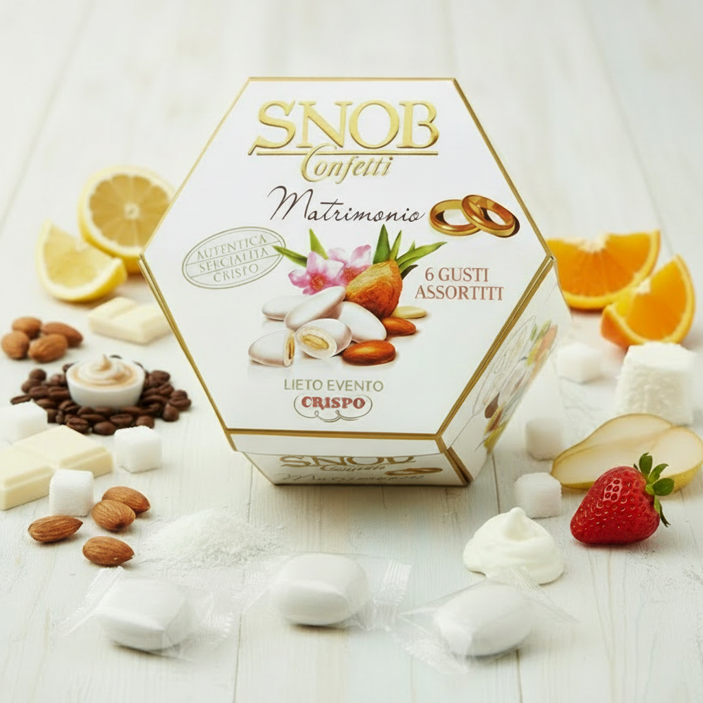 ciocco-mandorla Snob lieto evento Crispo Italian confetti made in italy bianchi matrimonio Bon Bon cioccolato bianco confettato zucchero incartati singolarmente uno ad uno 6 gusti assortiti arancia fragola ricotta pera cappuccino frutta di cocco limone