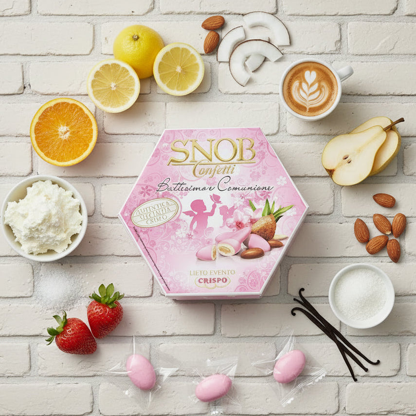 rosa bambina femminuccia battesimo nascita comunione ciocco-mandorla Snob lieto evento Crispo Italian confetti Bon Bon cioccolato bianco confettato zucchero incartati singolarmente uno ad uno 6 gusti assortiti arancia fragola ricotta pera cappuccino frutta di cocco
