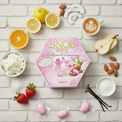 rosa bambina femminuccia battesimo nascita comunione ciocco-mandorla Snob lieto evento Crispo Italian confetti Bon Bon cioccolato bianco confettato zucchero incartati singolarmente uno ad uno 6 gusti assortiti arancia fragola ricotta pera cappuccino frutta di cocco

