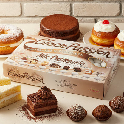ciocopassion Crispo il confetto dal cuore tenero mix patisserie cioccolato al latte e cioccolato bianco gusto pasticceria millefoglie mousse al cioccolato tiramisù sfogliatella torta cubana e caprese babà con panna e 