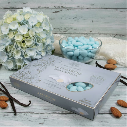 bonbon celesti azzurri Sposa Novella Maestri confettieri Maxtris confetti italiani al kg mandorla classica spagnola uso fai da te bomboniere alta resa confettata confezionamento sacchetti matrimonio Comunione Battesimo nascita babyshower